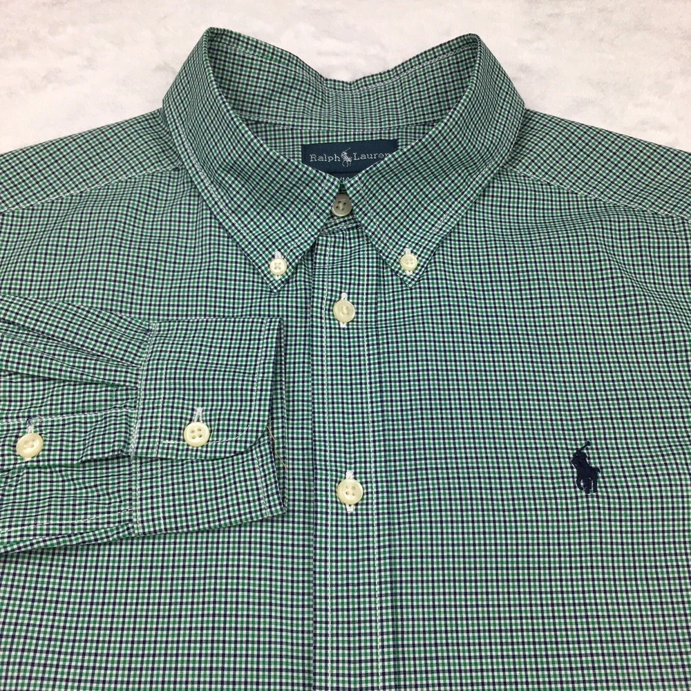 Ralph Lauren Shirt Boys Large (14-16) Green Micro-Check‎ Blue Pony